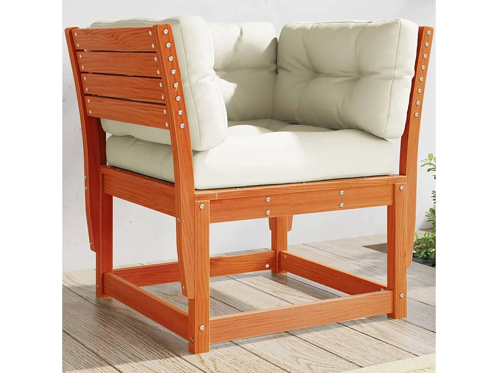 Canapé de jardin accoudoirs et coussins cire marron massif pin FR140401