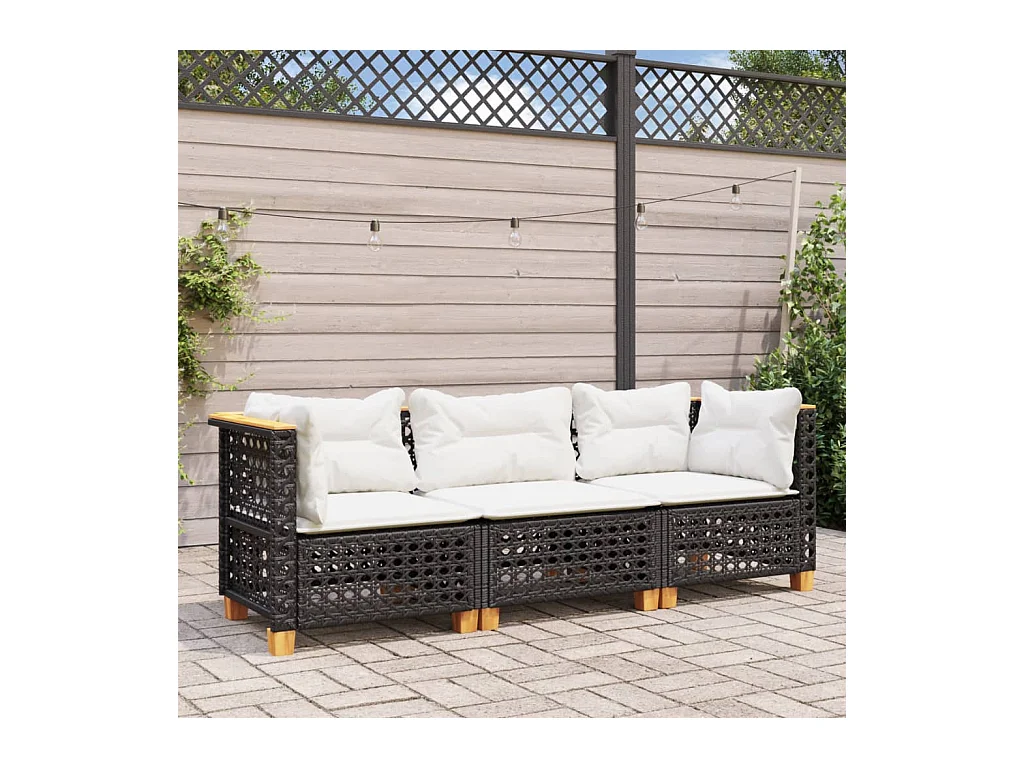 Canapé de jardin avec coussins 3 places noir résine tressée FR770853