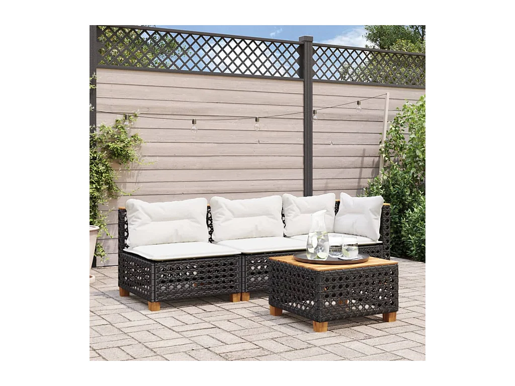 Canapé d'angle de jardin avec coussins noir résine tressée FR159384