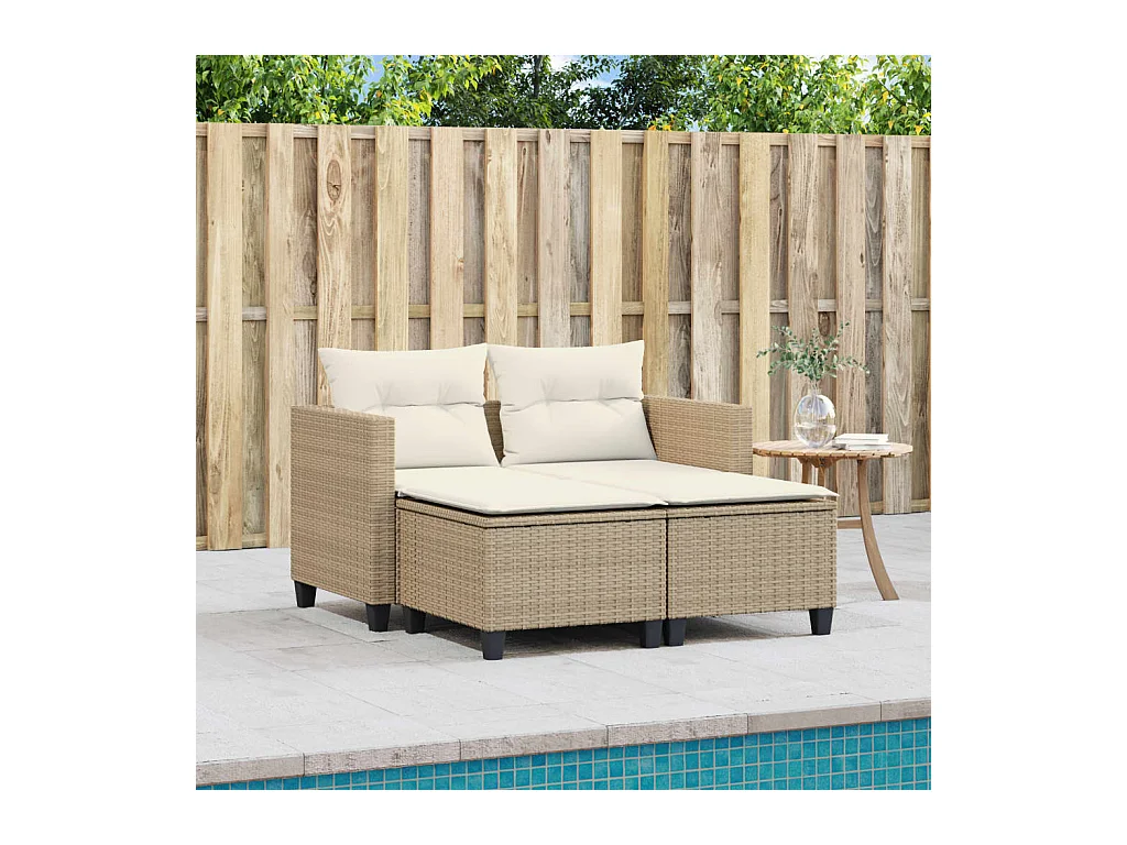 Canapé de jardin 2 places avec tabourets beige résine tressée FR640335