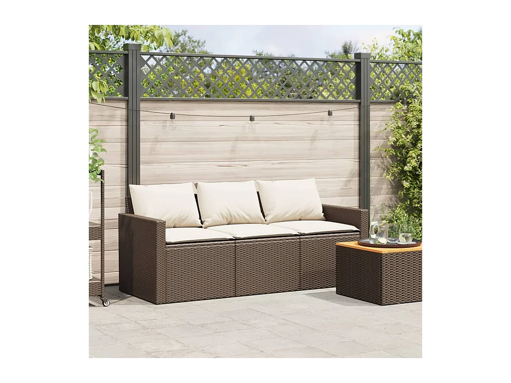 Canapé de jardin avec coussins 3 places brun résine tressée FR889828