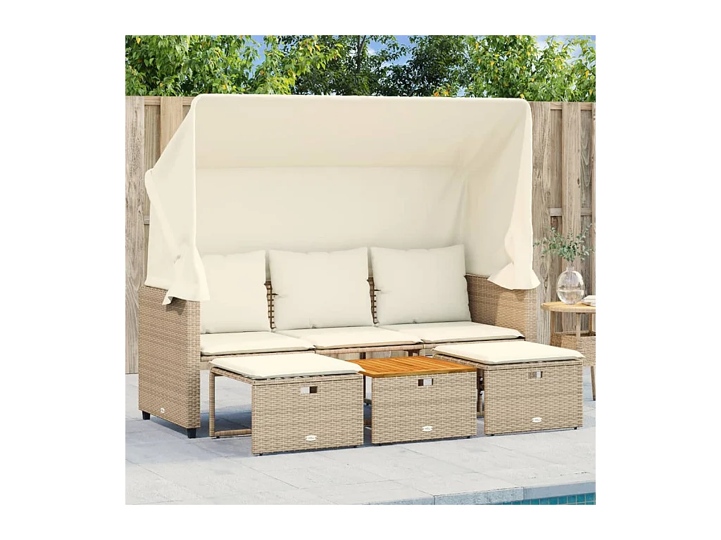 Canapé de jardin 3 places avec auvent et tabourets beige rotin FR853576