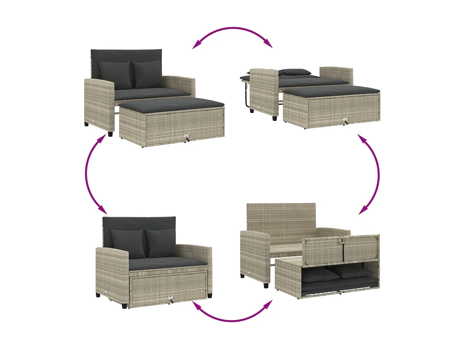 Canapé de jardin 2 places et coussins gris clair résine tressée FR976690