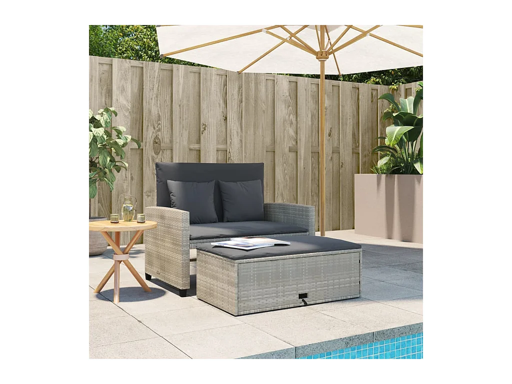 Canapé de jardin 2 places et coussins gris clair résine tressée FR976690