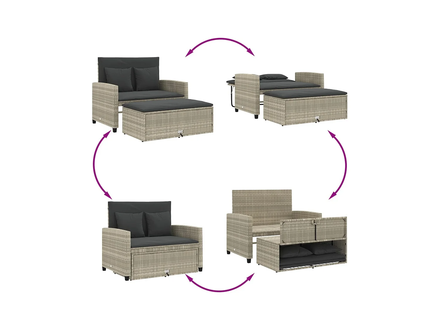 Tuinbank 2-zits met kussens poly rattan lichtgrijs BE202981