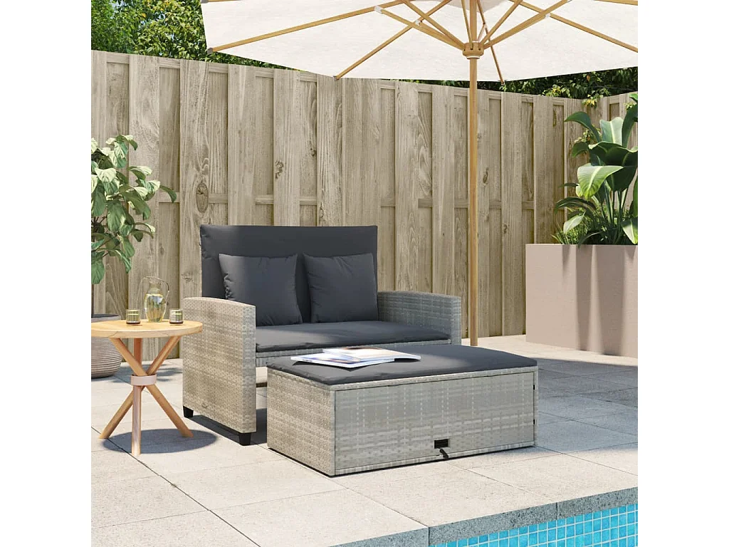 Canapé de jardin 2 places et coussins gris clair résine tressée FR976690