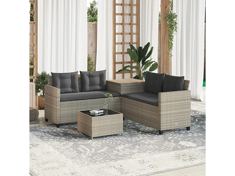 Tuinbank met tafel en kussens L-vormig poly rattan lichtgrijs BE550694