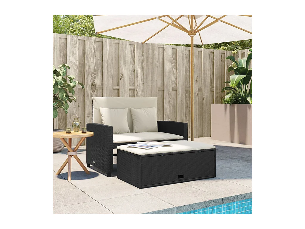 Canapé de jardin avec coussins 2 places noir résine tressée FR600691