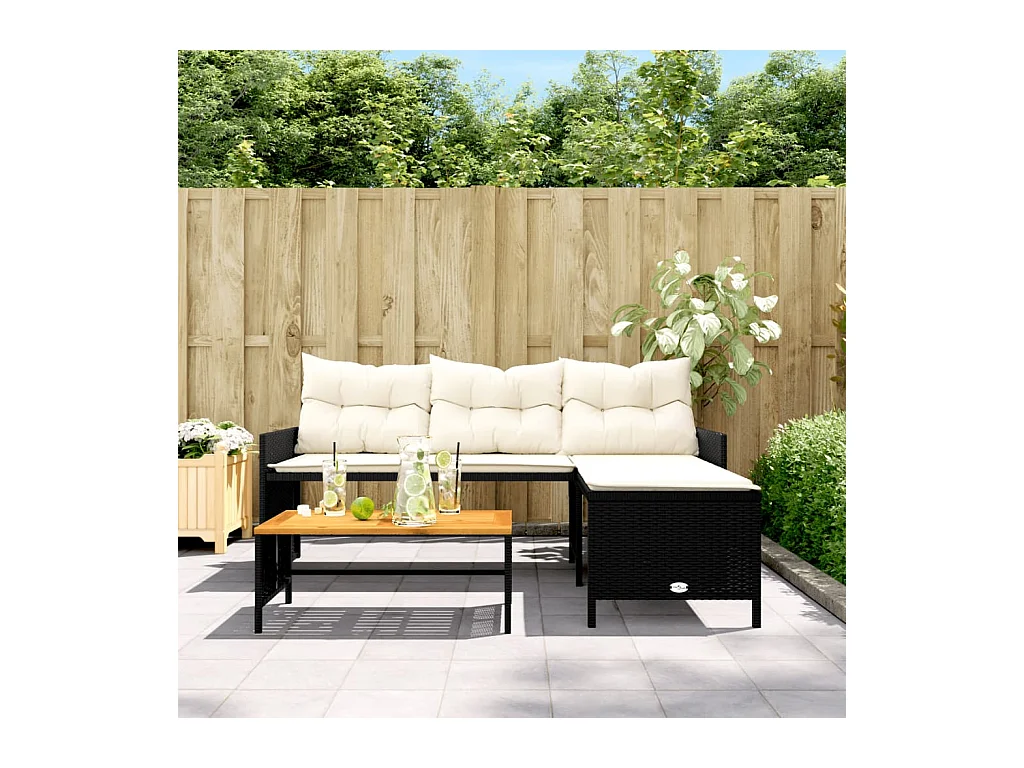 Canapé de jardin avec table et coussins en forme de L noir FR885146
