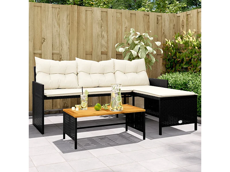 Tuinbank met tafel en kussens L-vormig poly rattan zwart BE635297