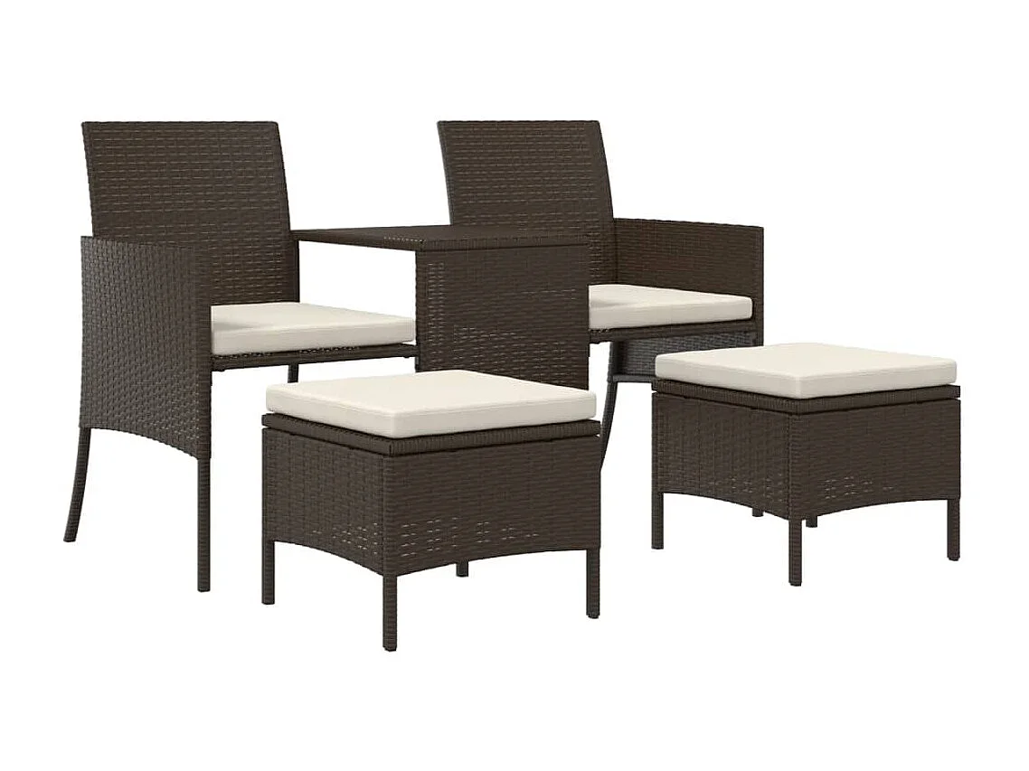 Sofá de jardim de 2 lugares com mesa e bancos vime PE castanho PT546595