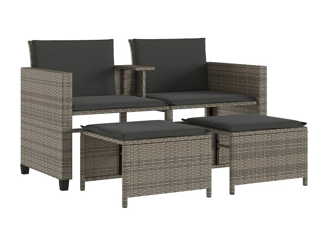 Sofá de jardim de 2 lugares com mesa e bancos vime PE cinzento PT659985