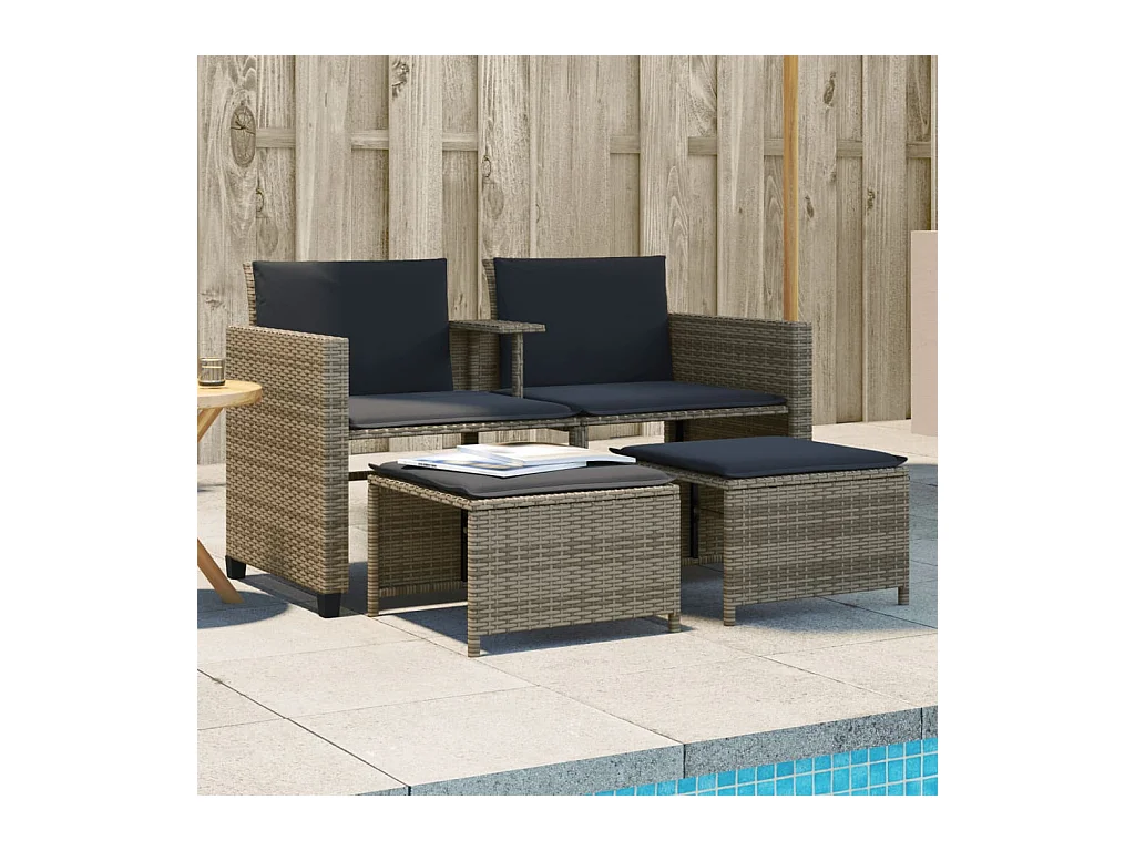 Canapé de jardin 2 places avec table et tabourets gris rotin FR73704