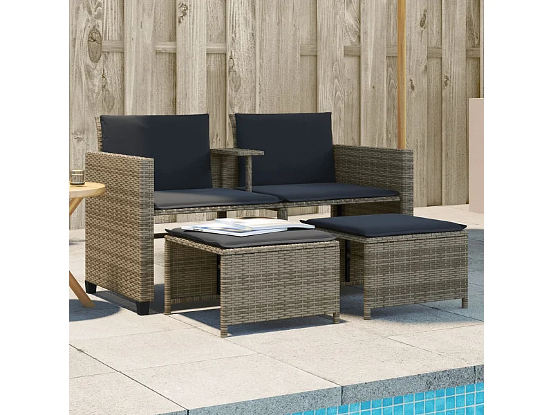 Canapé de jardin 2 places avec table et tabourets gris rotin FR73704