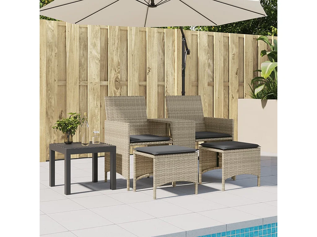 Sofá de jardim 2 lugares com mesa e bancos vime PE cinza-claro PT523133