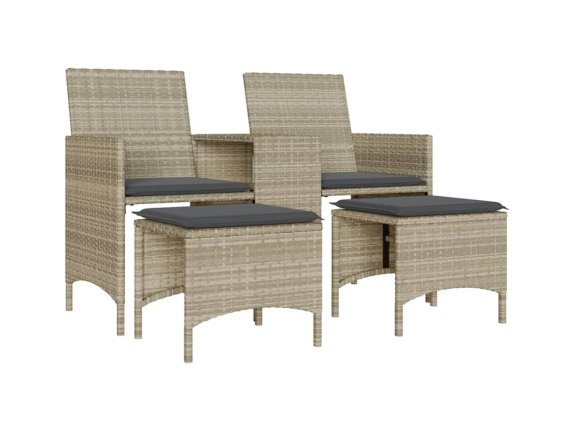 Tuinbank 2-zits tafel en voetenbanken poly rattan lichtgrijs BE106256