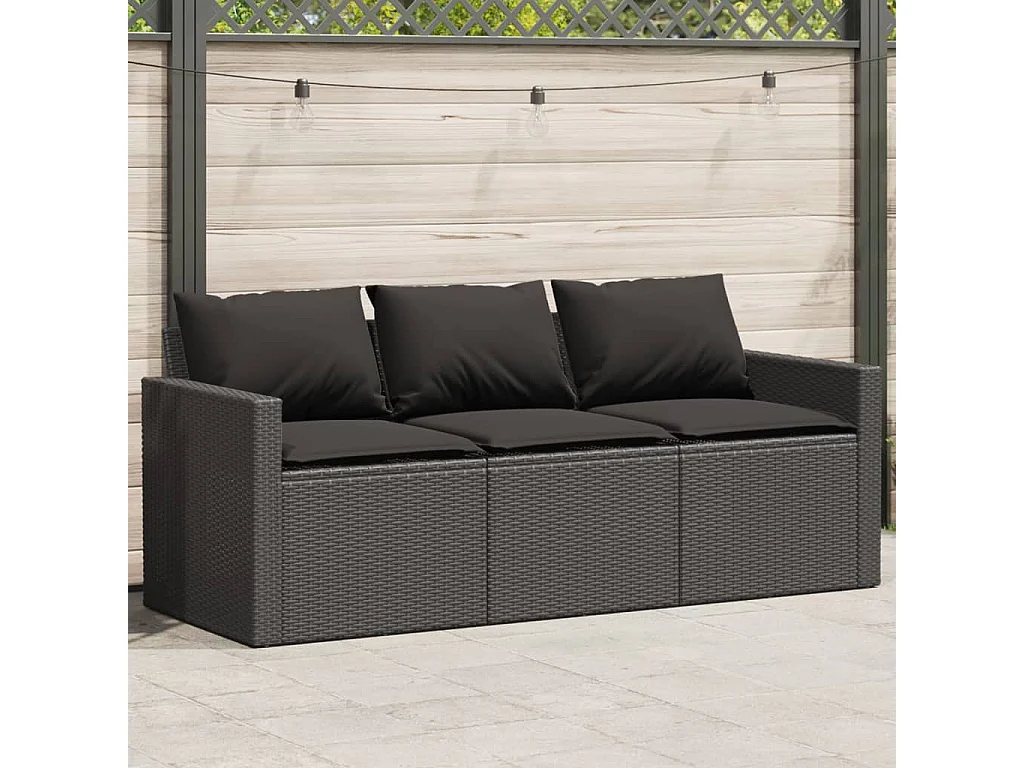 Canapé de jardin avec coussins 3 places noir résine tressée FR176156