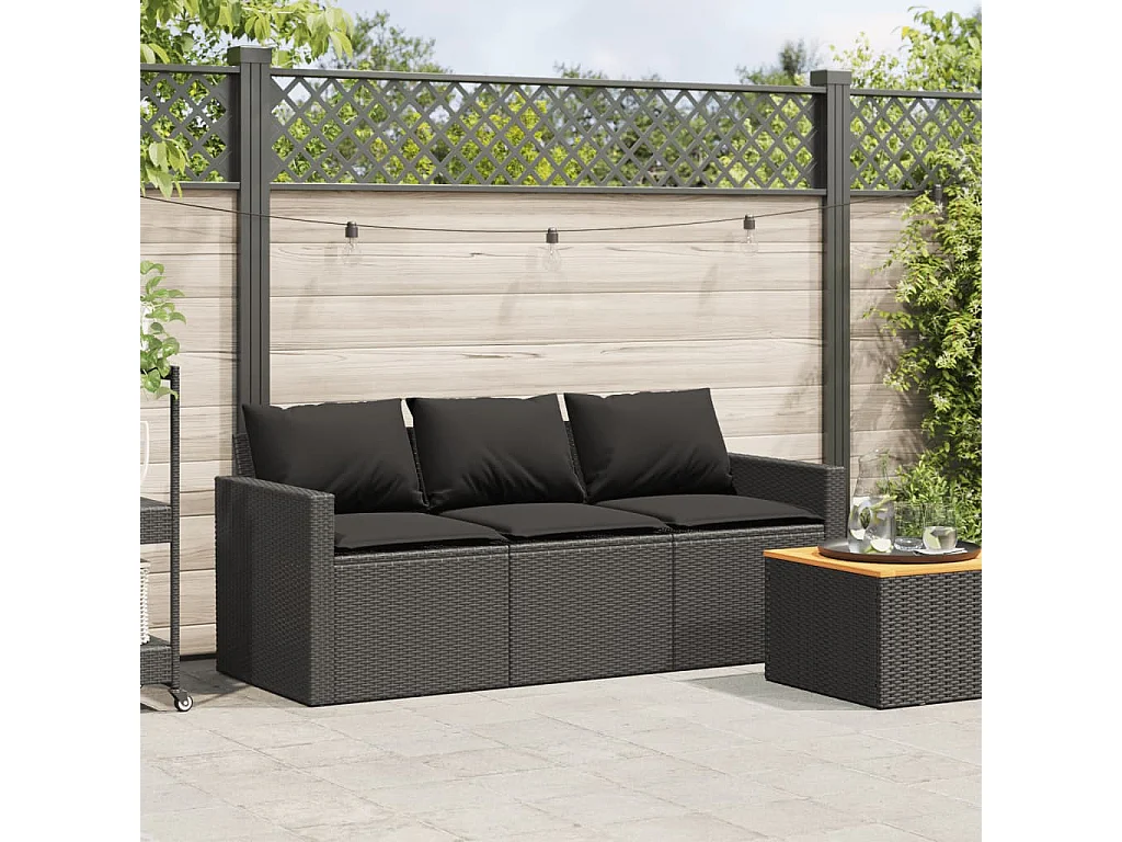 Canapé de jardin avec coussins 3 places noir résine tressée FR176156