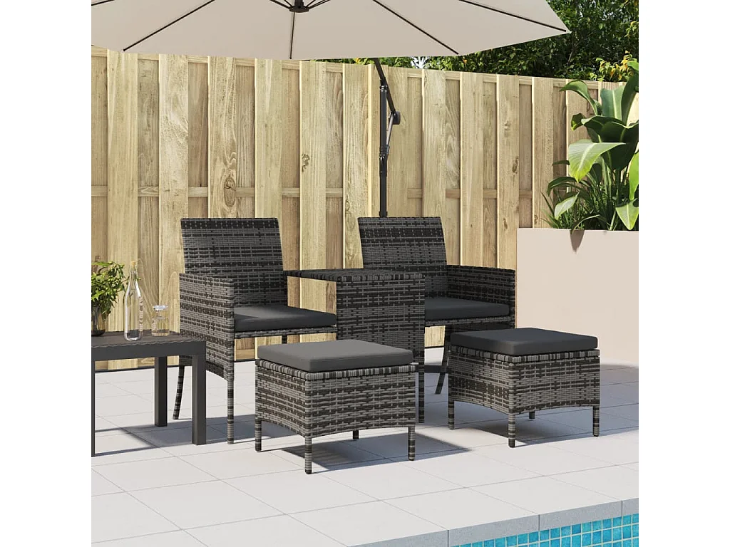 Sofá de jardim de 2 lugares com mesa e bancos vime PE cinzento PT309779