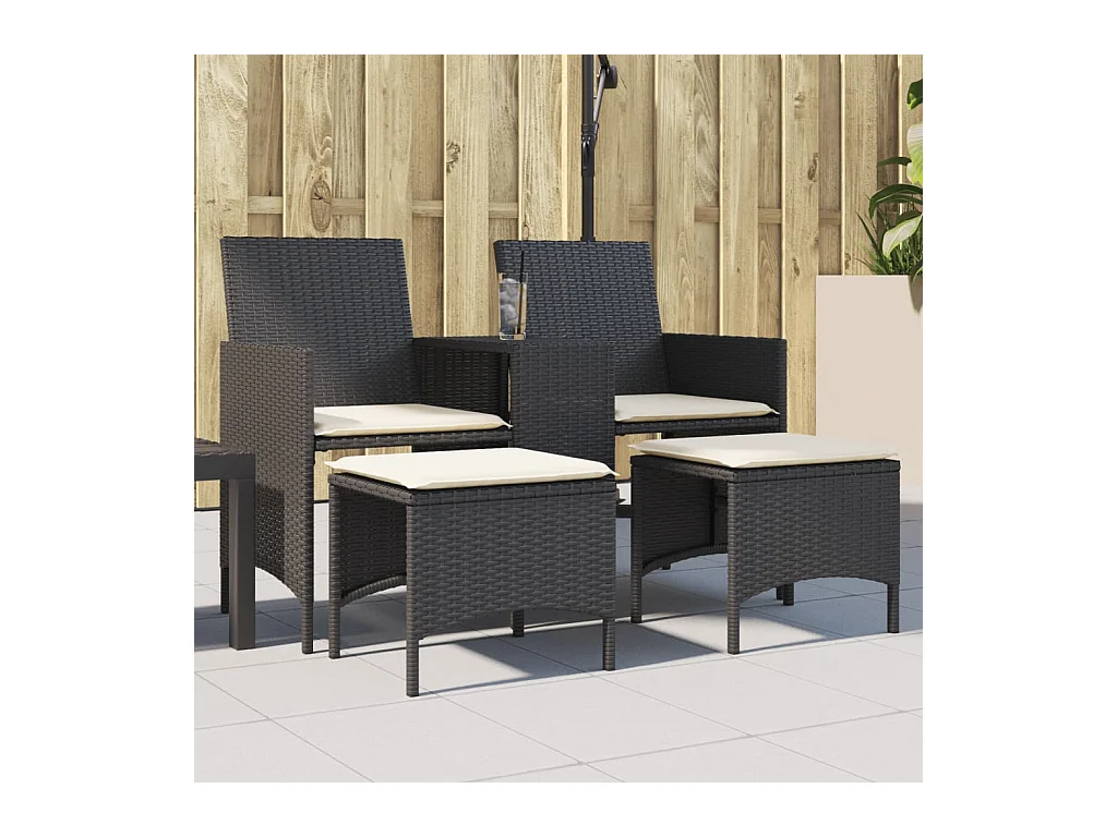 Canapé de jardin 2 places avec table et tabourets noir rotin FR819321
