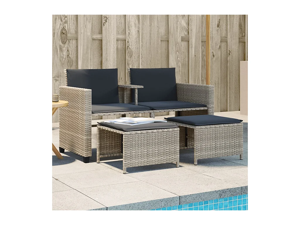 Canapé de jardin 2 places avec table tabourets gris clair rotin FR56131