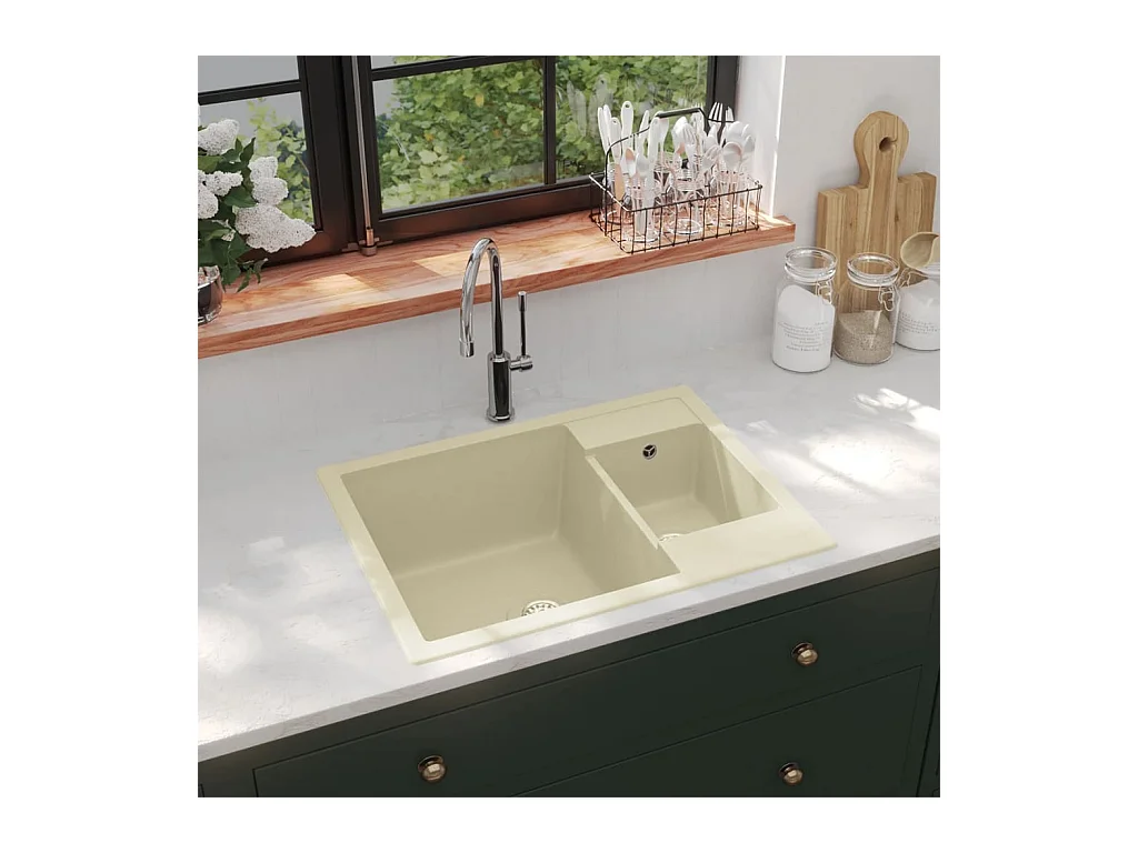Évier de cuisine deux Éviers trou de trop-plein Beige Granit FR491265