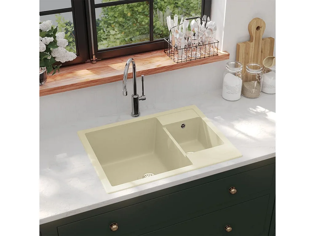Évier de cuisine deux Éviers trou de trop-plein Beige Granit FR491265