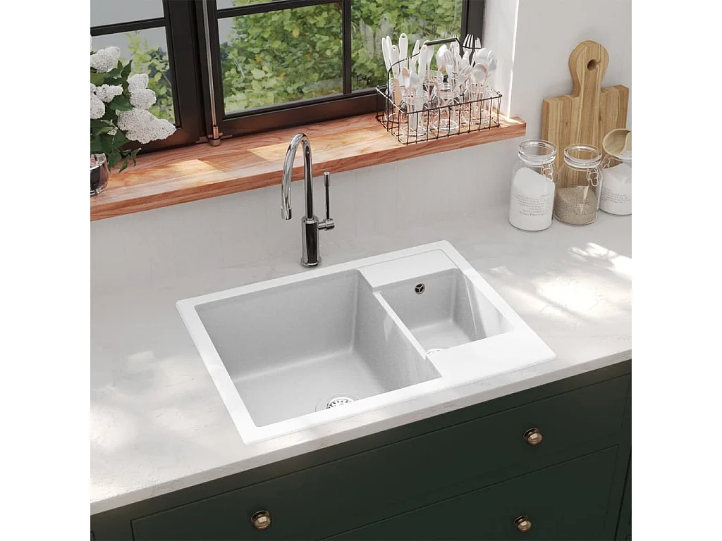 Lava-louça cozinha orifício extravas. cuba dupla granito branco PT640730