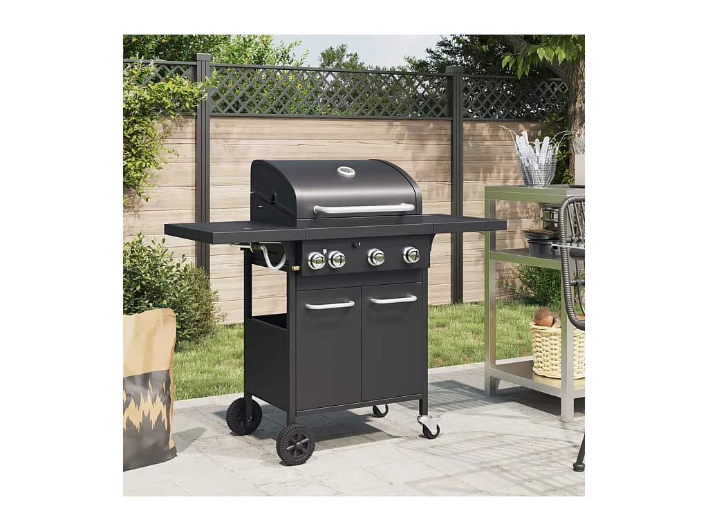 Barbecue gril à gaz avec 4 brûleurs noir acier enduit de poudre FR744545