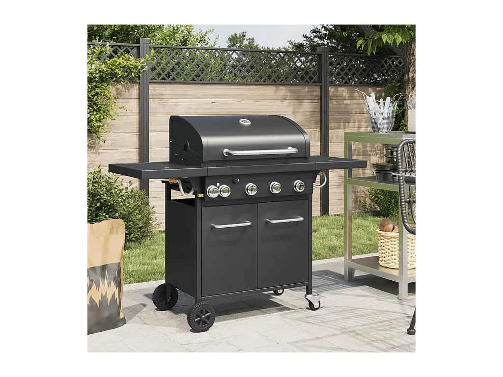 Barbecue gril à gaz avec 5 brûleurs noir acier enduit de poudre FR933874