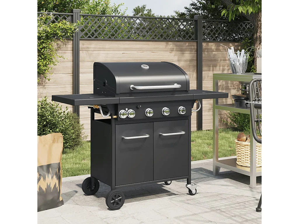 Barbecue gril à gaz avec 5 brûleurs noir acier enduit de poudre FR933874
