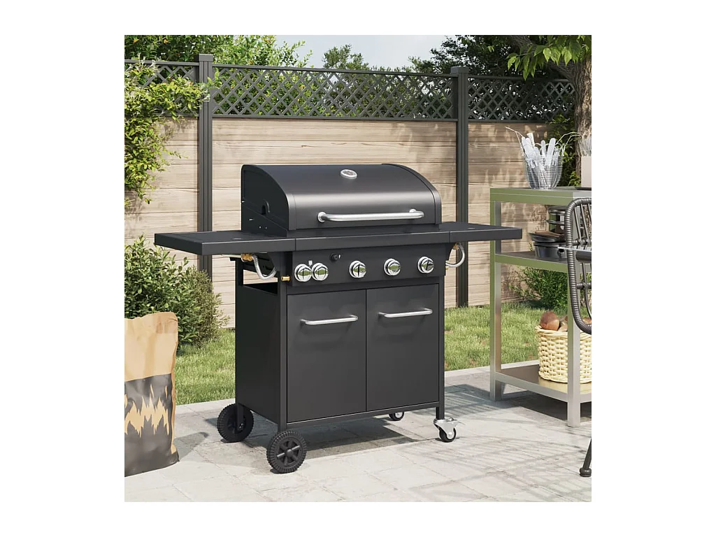 Barbecue gril à gaz avec 5 brûleurs noir acier enduit de poudre FR201852