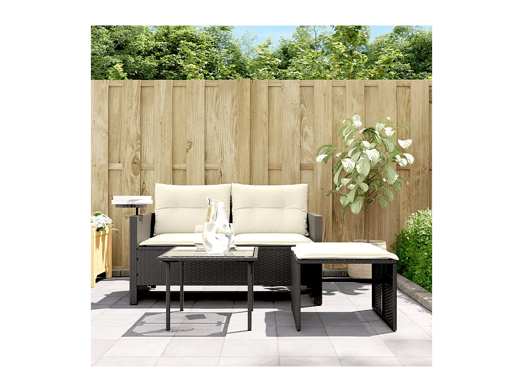 3 pcs conjunto sofás de jardim com almofadões vime PE preto PT631844