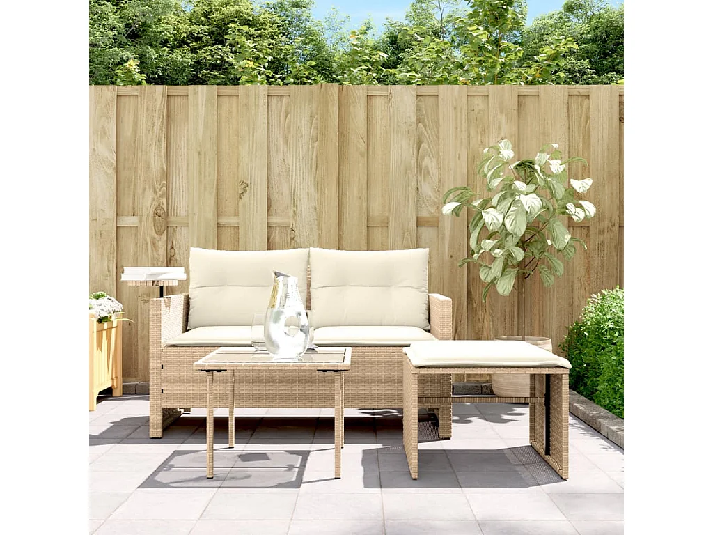 3 pcs conjunto de sofás p/ jardim com almofadões vime PE bege PT940527