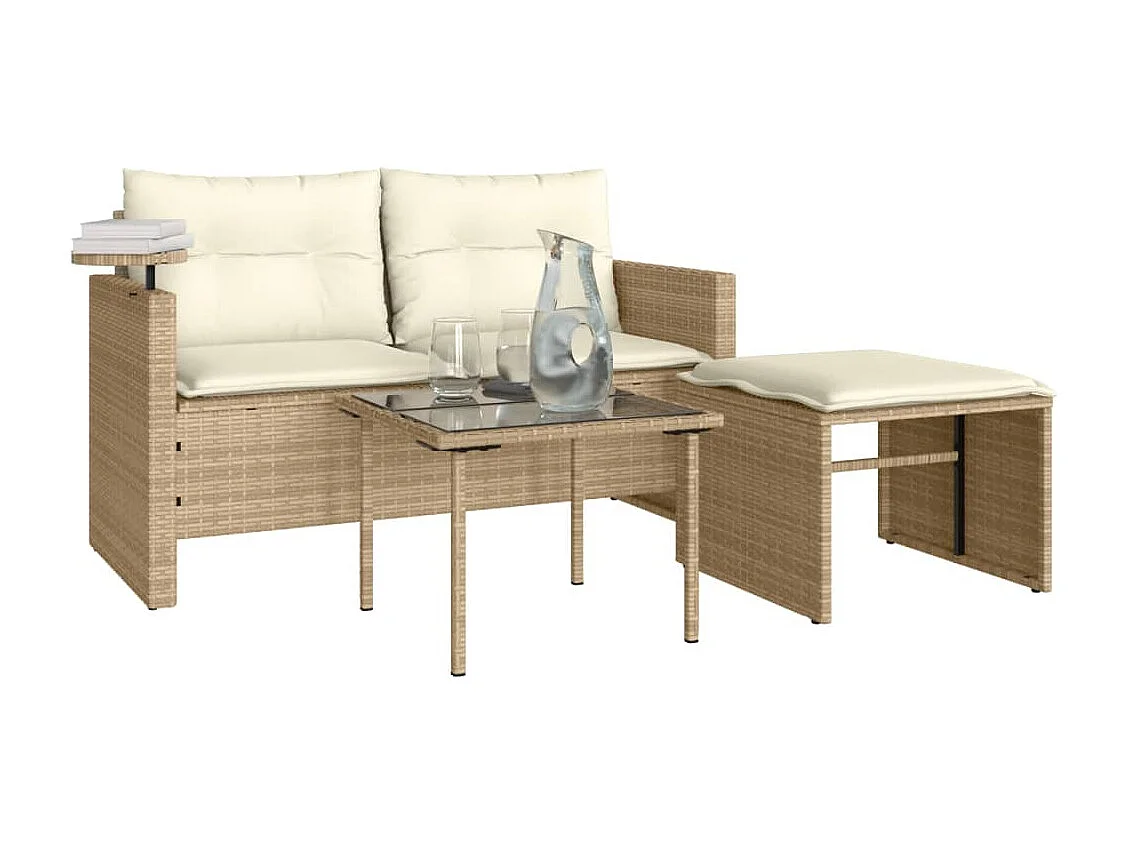 3 pcs conjunto de sofás p/ jardim com almofadões vime PE bege PT940527