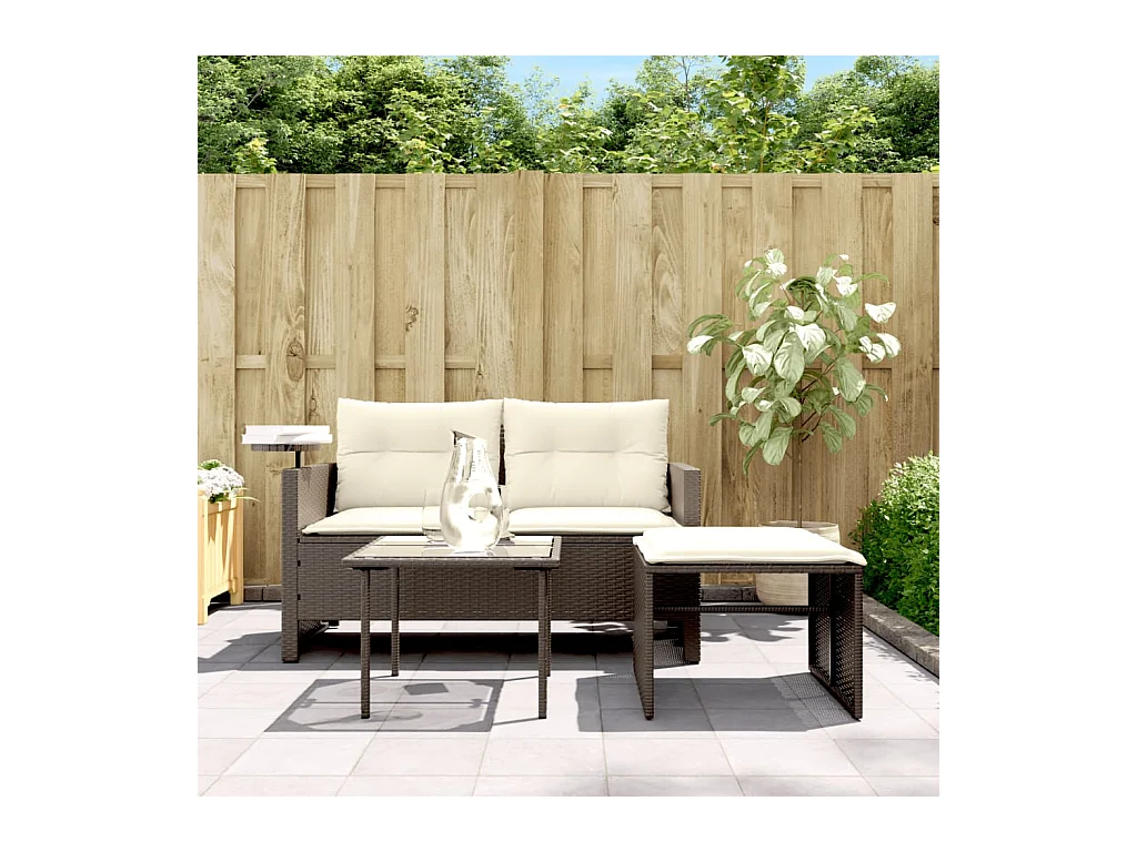 3 pcs conjunto sofás de jardim com almofadões vime PE castanho PT884136