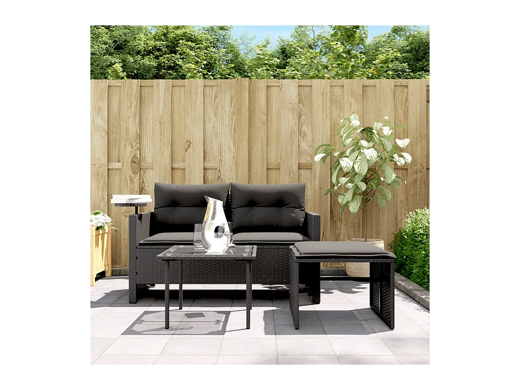 3 pcs conjunto sofás de jardim com almofadões vime PE preto PT850920