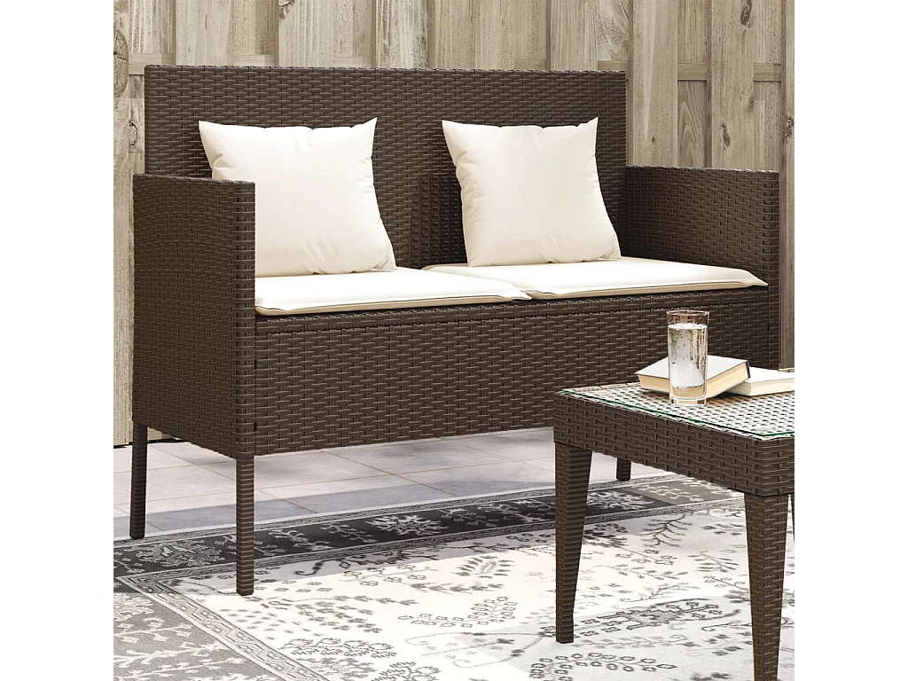Banc de jardin avec coussins marron résine tressée FR871368