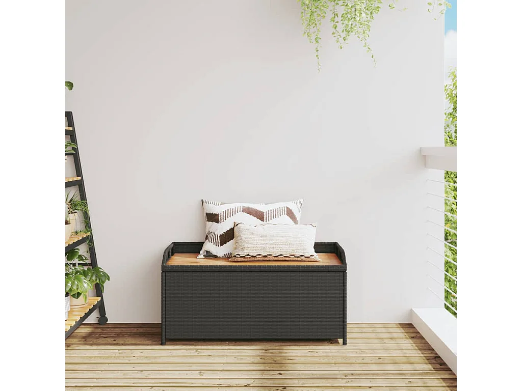 Banc de rangement noir résine tressée et bois d'acacia FR846756