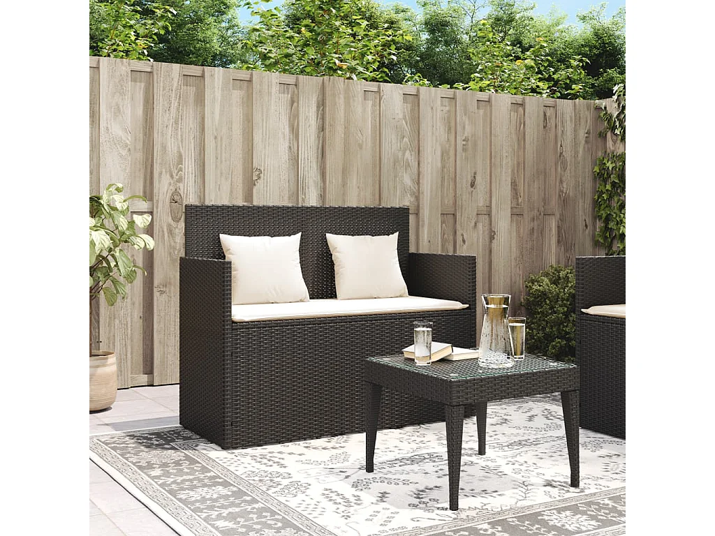 Banc de jardin avec coussins noir résine tressée FR144382