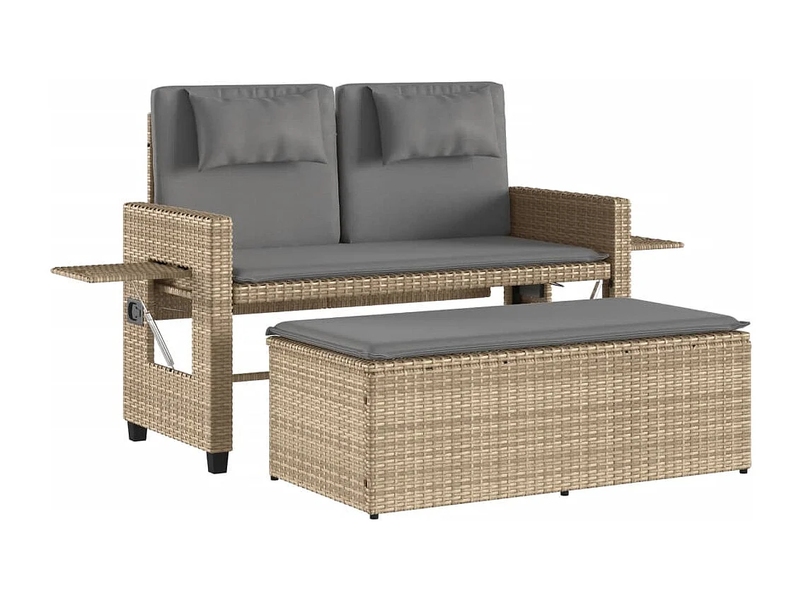 Tuinbankje verstelbaar met kussens poly rattan beige BE682646
