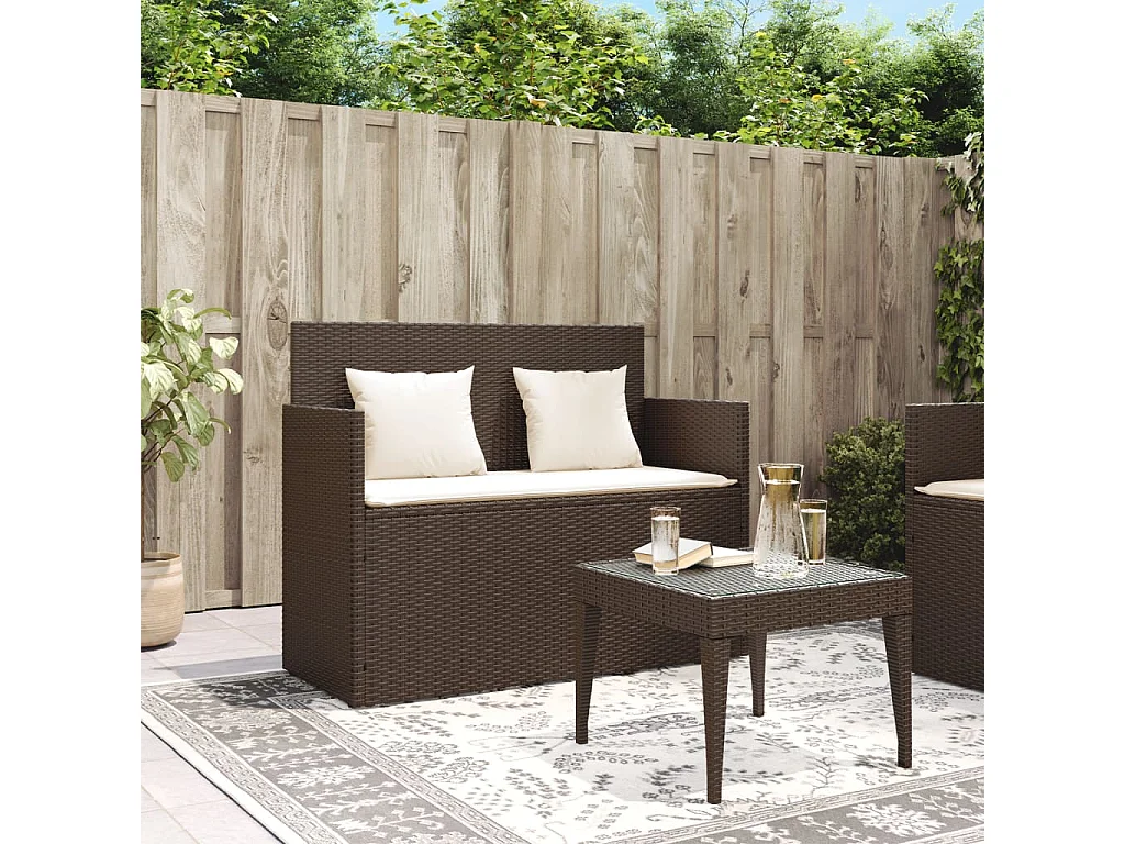 Banc de jardin avec coussins marron résine tressée FR379872