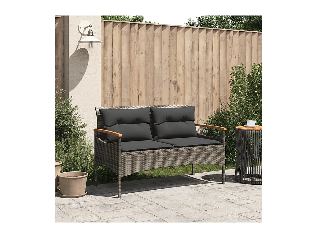 Banc de jardin avec coussins 116x62,5x74 cm gris résine tressée FR430630