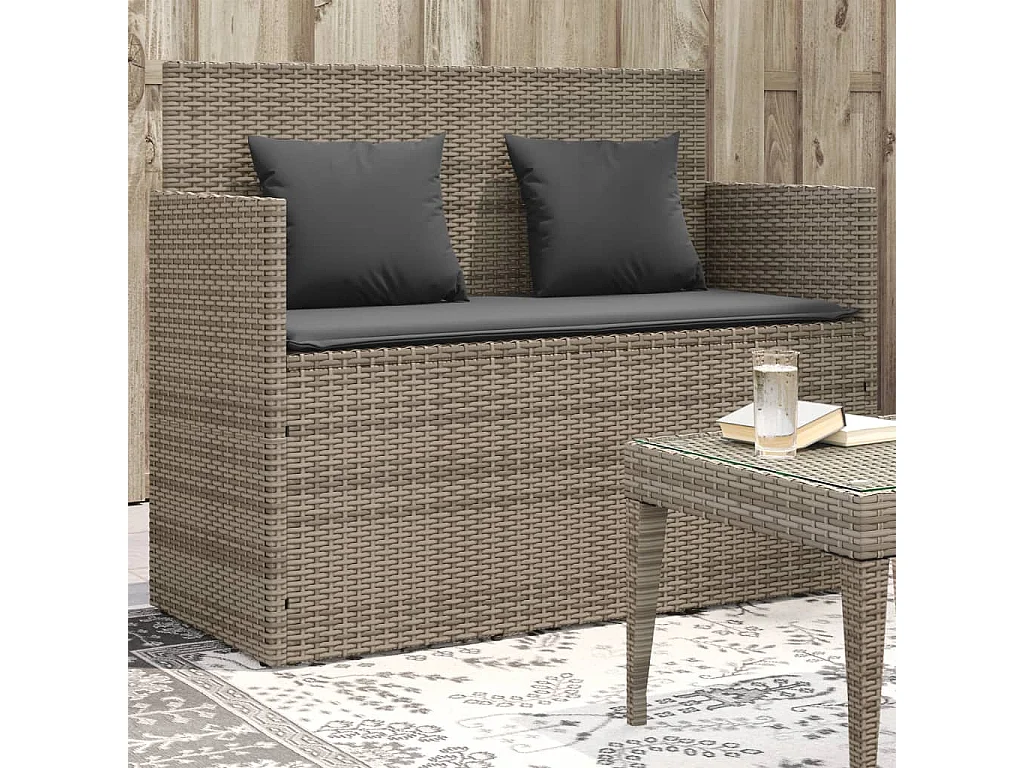 Banc de jardin avec coussins gris résine tressée FR803679