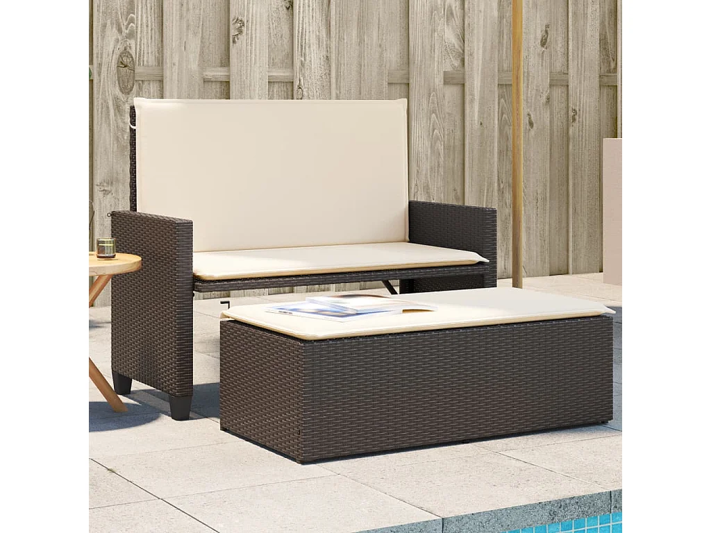 Banc de jardin et coussins et repose-pied marron résine tressée FR173247