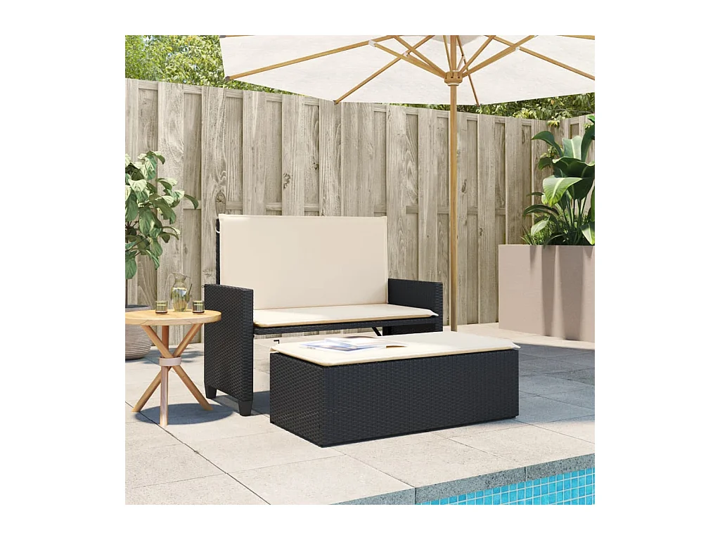 Banco de jardín con cojines y reposapiés ratán sintético negro ES276422