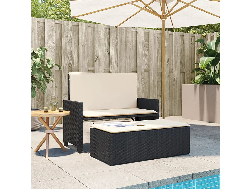 Banc de jardin avec coussins et repose-pied noir résine tressée FR542597