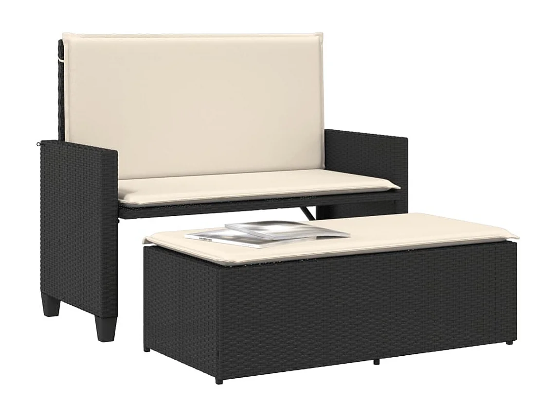 Banc de jardin avec coussins et repose-pied noir résine tressée FR542597