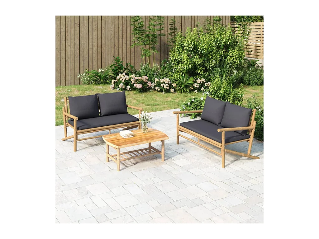 Tuinbank met donkergrijze kussens bamboe BE874983