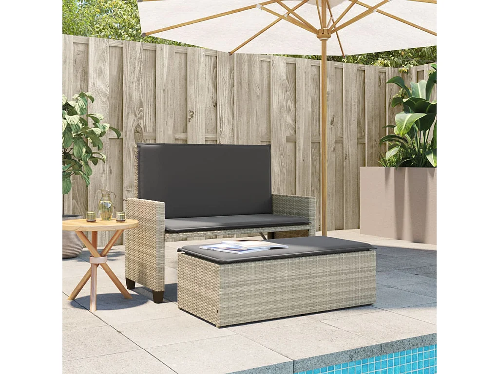 Banc de jardin et coussins et repose-pied gris clair poly rotin FR316377